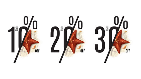 Set of discount signs for summer sale. Summer banners with realistic seashells and starfishes on sea...