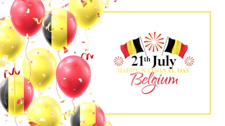 Happy national Belgium day holiday banner. Vector illustration with realistic air balloons colored in Belgium flags. Festive background with color serpentine and confetti.のイラスト素材
