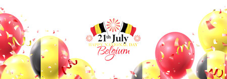 Holiday banner for happy national Belgium day. Vector illustration with realistic air balloons colored in Belgium flags. Festive background with color serpentine and confetti.のイラスト素材