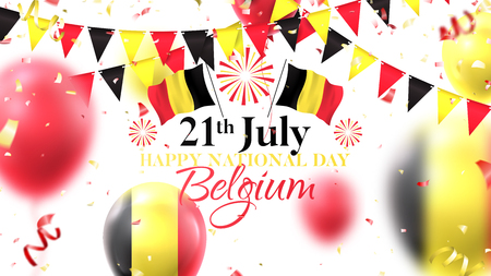 Festive banner for happy national Belgium day. Vector illustration with realistic air balloons colored in Belgium flags. Holiday background with color serpentine, confetti and garlands.のイラスト素材