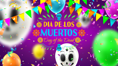 Festive banner of Day of the Dead. Colorful background with realistic flying white and color air balloons.のイラスト素材