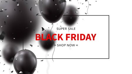 Black Friday sale advertisement banner. Realistic air black balloons with confetti on white background. Seasonal discount offer.のイラスト素材