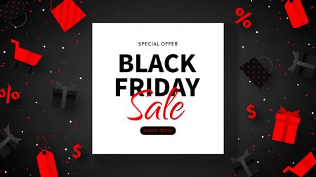 Black Friday sale advertisement banner. Web banner for seasonal discount offer. Realistic 3d paper packages, tags, gift boxes and shop baskets on black background.のイラスト素材