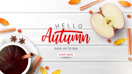 Autumn sale ads banner template. Top view on composition with coffee cup, sliced apple, rowan berries and leaves and cinnamon sticks on wooden texture.のイラスト素材