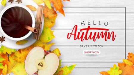 Promo banner for autumn sale. Top view on composition with coffee cup, sliced apple and different autumn leaves on wooden texture.のイラスト素材