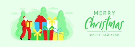 Merry Christmas horizontal banner. Holiday concept in flat style. Christmas Santa Claus carries yellow gift box. Happy New Year card.のイラスト素材