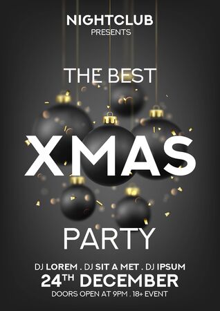 Christmas party poster invitation template. Holiday vector illustration with realistic black Christmas balls, confetti and bokeh with blur effect on black background. Invitation to nightclub.のイラスト素材