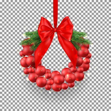 Christmas red wreath isolated on transparent background. Holiday banner with realistic Christmas wreath with red balls, bow and fir-tree branches. Vector illustration of New Year symbol.のイラスト素材