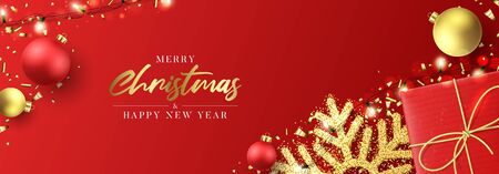 Christmas holiday horizontal banner. Festive New Year background with realistic red gift box, snowflakes and sparkling light garlands. Vector illustration with Christmas balls, confetti.のイラスト素材