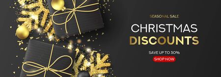 Horizontal banner for Christmas sale. Holiday background with black gift boxes, light garlands, Christmas golden balls, confetti and snowflakes. Vector illustration. Seasonal discount.のイラスト素材