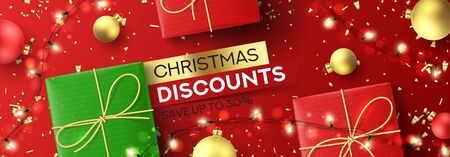Christmas sale web banner. Holiday background with realistic red and green gift boxes, sparkling light garlands, Christmas golden balls and golden confetti. Vector illustration. Seasonal discount.のイラスト素材