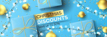 Christmas sale banner template. Holiday background with realistic blue gift boxes, sparkling light garlands, Christmas golden balls and golden confetti. Festive vector illustration. Seasonal discount.のイラスト素材