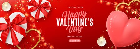 Valentine's Day promo sale banner. Vector illustration with white gift boxes, sparkling light garland, candles, air balloon and confetti on red background. Promo discount banner.のイラスト素材