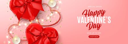 Valentine's Day sale background template. Vector illustration with realistic red gift boxes, sparkling light garland, candles and confetti on pink background. Promo discount banner.のイラスト素材