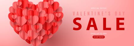Valentine's Day sale horizontal banner. Holiday banner with realistic flying heart in paper art style. Festive vector illustration. Seasonal discount offer.のイラスト素材