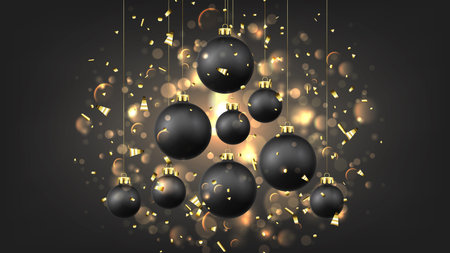 Christmas and New Year background. Holiday vector illustration with realistic black balls, gold confetti and effect bokeh on black background. Festive card with shape of tree from Xmas balls.のイラスト素材