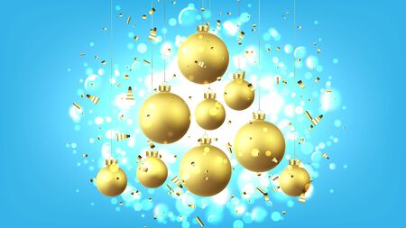 Christmas and New Year card. Holiday vector illustration with realistic blue balls, gold confetti and effect bokeh on blue background. Festive banner with shape of tree from Xmas balls.のイラスト素材