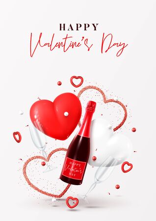 Happy Valentine's Day poster. Vector illustration with champagne bottle, glasses, gift box, air balloons and red hearts on white background. Holiday gift card.のイラスト素材