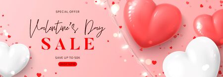 Happy Valentine's Day sale banner. Vector illustration with realistic pink and white balloons, sparkling light garland and confetti on pink background. Holiday gift card. Festive greeting background.のイラスト素材