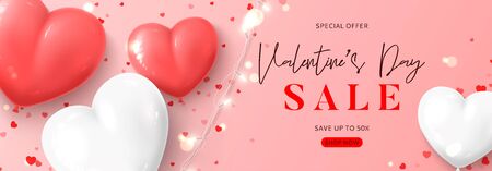 Valentine's Day sale promo banner. Vector illustration with realistic pink and white balloons, sparkling light garland and confetti on pink background. Holiday gift card. Festive greeting background.のイラスト素材