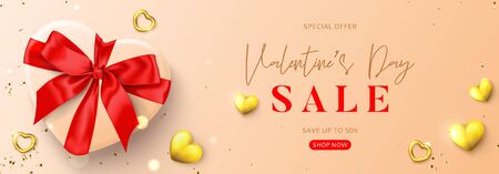 Valentine's Day sale promotion banner. Vector illustration with realistic gift box, gold hearts and golden confetti. Promo discount banner.のイラスト素材