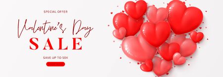 Valentine's Day sale banner template. Vector illustration with realistic red and pink balloons and confetti on white background. Holiday greeting card.のイラスト素材