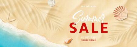 Summer sale banner template concept. Top view on sea beach with soft waves. Beautiful background with seashells on sea sand. Vector illustration with plant's shadows. Seasonal discount offer.のイラスト素材