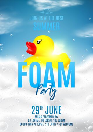 Summer foam party poster template. Vector illustration with soap or shampoo foam and bubbles with yellow rubber duck. Background with realistic clouds. Invitation to nightclub.のイラスト素材
