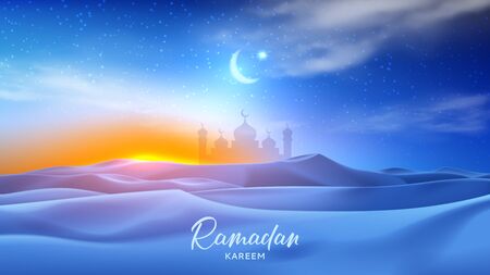 Ramadan Kareem holiday banner. Realistic night desert landscape with starry sky, crescent and clouds. 3d vector illustration with silhouette of mosque. Greeting card for muslim festival.のイラスト素材