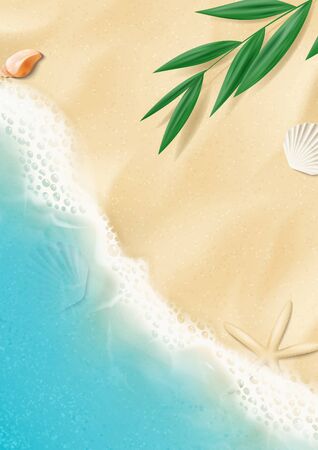 Summer background with top view on beach. Top view on ocean beach with soft waves and tropical leaf. Beautiful background with seashells on sea sand. Vector illustration.のイラスト素材