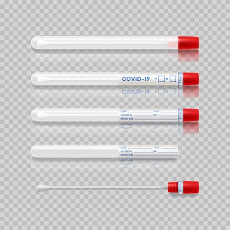 Test tubes with cotton swab for nasopharyngeal specimens. Set of realistic plastic tubes isolated on checkered background with results sample for coronavirus positive-negative. Vector illustration.のイラスト素材