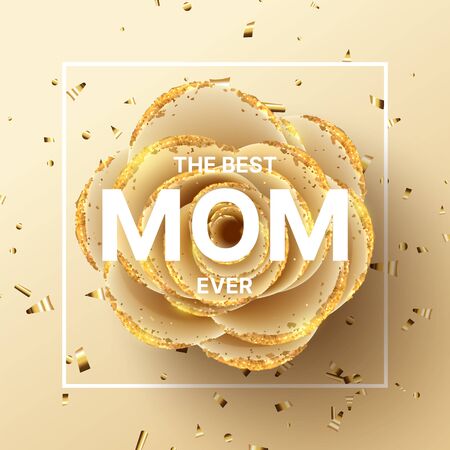 Happy Mother's Day background. Holiday greeting card with realistic 3d gentle flower with golden sand. Vector illustration with paper rose and gold confetti.のイラスト素材