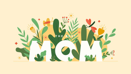 Happy Mother's Day card. Holiday greeting banner with colorful flowers and leaves. Elegant spring floral background. Vector illustration.のイラスト素材