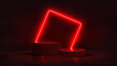Abstract neon banner with pedestal. 3d podium with red neon square. Abstract background for promotion goods. Vector illustration with blank space. Minimal concept banner. Mockup template.のイラスト素材