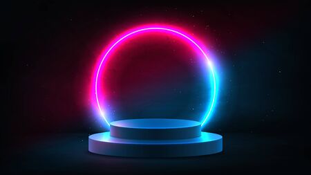 Abstract neon background with pedestal. 3d podium with pink and blue neon circle. Dark background for promotion goods. Vector illustration with blank space. Minimal concept banner. Mockup template.のイラスト素材