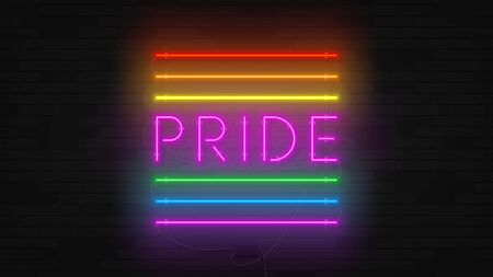Rainbow neon  flag concept. Realistic bright neon symbol of Pride community. Holiday banner with glowing text. Vector illustration. Human rights and tolerance.のイラスト素材