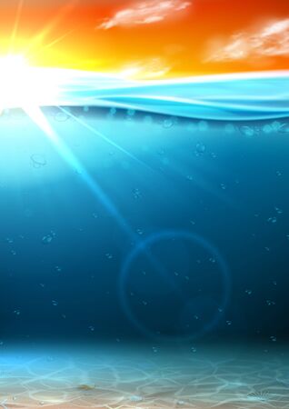 Summer sea banner with sunrise. Vector illustration with deep underwater ocean scene with seashells on sandy bottom. Realistic sea landscape with sunset or sunrise.のイラスト素材