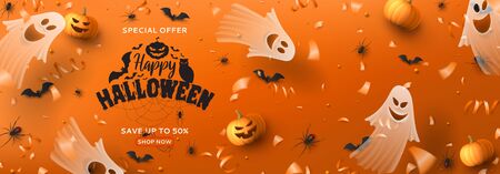 Happy Halloween sale horizontal banner. Holiday promo banner with spooky flying ghosts, black spiders and bats, scary pumpkins, serpentine and confetti on orange background. Vector illustration.のイラスト素材