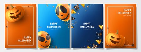 Set of Halloween holiday flyers. Holiday posters with realistic balloons, black spiders, scary pumpkins, colorful garlands, serpentine and confetti. Invitations to nightclub.のイラスト素材