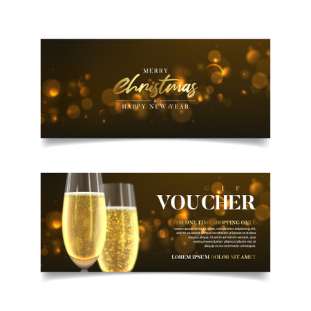 Gift voucher for Christmas and New Year sales. Vector illustration with glasses of champagne and effect bokeh on dark background. holiday greeting cards.のイラスト素材