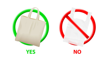 Concept of plastic and fabric bags. Design of eco symbols with realistic plastic and fabric bags isolated on white background. vector illustration. Pollution problem concept.のイラスト素材