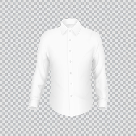 Realistic white shirt template. 3D realistic vector illustration. Front view on white shirt isolated on checkered background.のイラスト素材