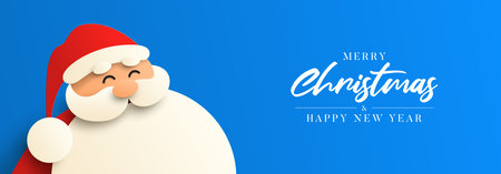 Merry Christmas and Happy New Year banner. Smiling funny Santa Claus. Vector illustration with Santa Claus in paper art style. Christmas symbol.のイラスト素材