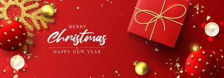 Merry Christmas and Happy New Year banner. Holiday background with realistic red gift box, burning candles, Christmas balls, confetti and snowflake. vector illustration.のイラスト素材