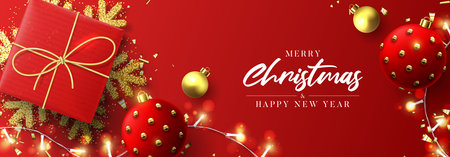 Merry Christmas and Happy New Year banner. Holiday background with realistic red gift box, sparkling light garlands, Christmas balls, confetti and snowflake. vector illustration.のイラスト素材