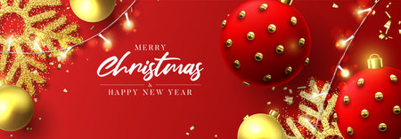 Merry Christmas and Happy New Year banner. Holiday background with realistic Christmas balls, sparkling light garlands, confetti and snowflakes. vector illustration.のイラスト素材