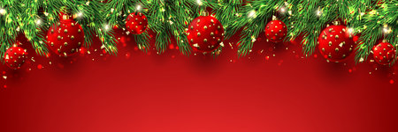 Merry Christmas and Happy New Year banner. Holiday vector illustration with realistic fir-tree branches, Christmas red and golden balls, golden confetti, sparkling light garlands and bokeh effect.のイラスト素材