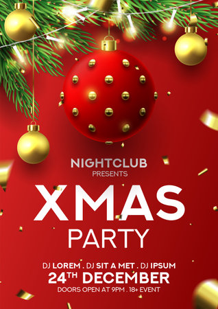 Christmas party flyer invitation. Holiday background with realistic red and gold Christmas balls, sparkling light garlands, fir-tree branches and confetti. Invitation to nightclub.のイラスト素材