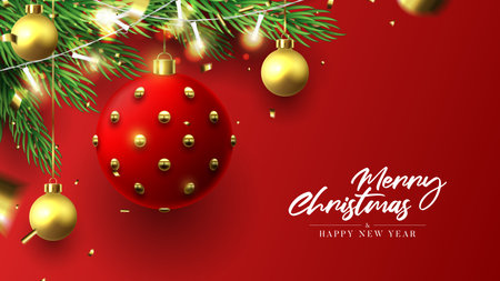 Merry Christmas and Happy New Year banner. Holiday background with realistic Christmas balls, sparkling light garlands, fir-tree branches, confetti and snowflakes. vector illustration.のイラスト素材