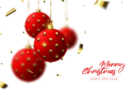 Merry Christmas and Happy New Year banner. Holiday background with realistic red and gold Christmas balls and golden confetti. vector illustration.のイラスト素材